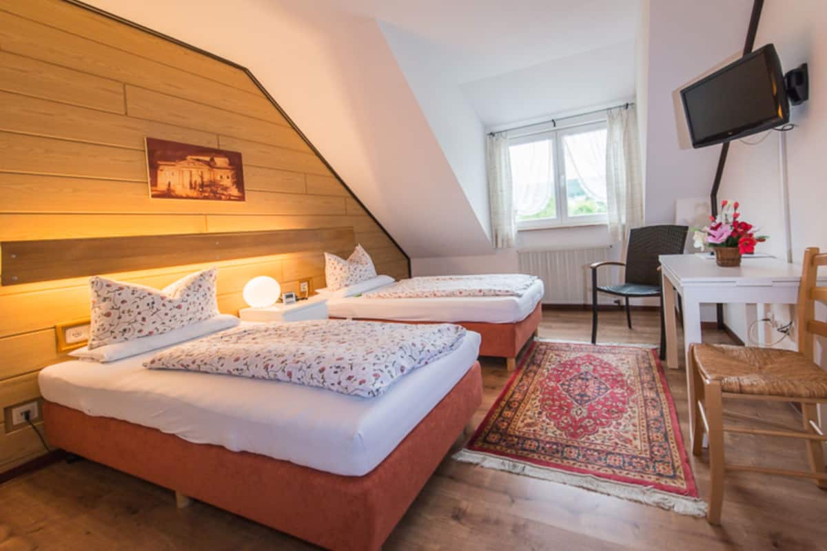 A bedroom with two beds, a desk, a chair, a TV, and a window with curtains.