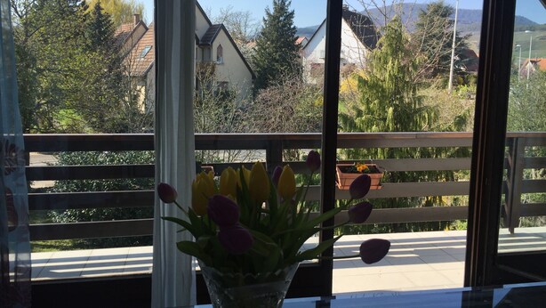 A balcony with a wooden railing, a vase with flowers, and a view of houses and trees.
