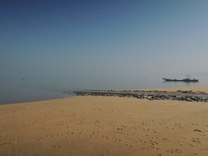 Enjoy a serene beach experience with a wide stretch of sand and a distant cargo ship.