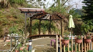 A gazebo with a curved roof, surrounded by potted plants and a small table. - You Ye De Lin B&B (Meishan)