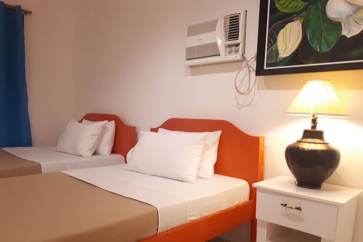 Habitación de hotel con dos camas, una mesita de noche con lámpara, un equipo de aire acondicionado y un cuadro en la pared.