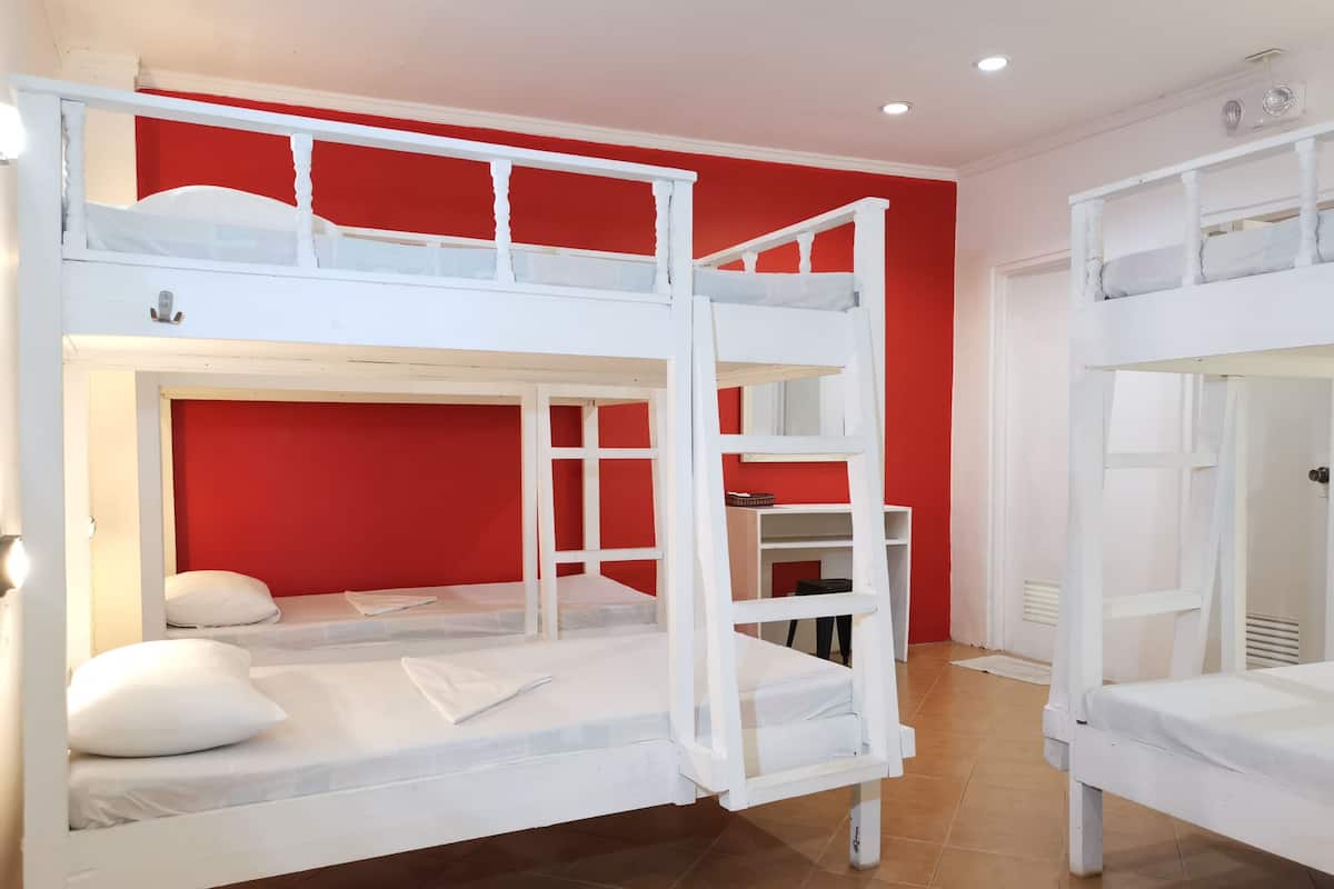 Una habitación con dos literas, una escalera y un escritorio pequeño.