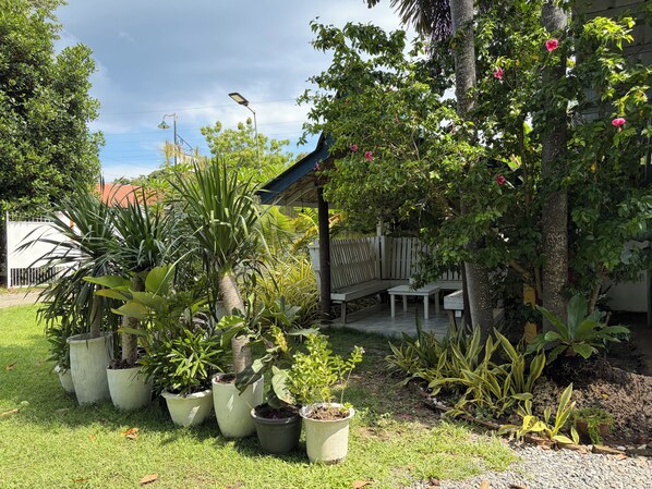 A garden with potted plants, a wooden bench, and a small structure.