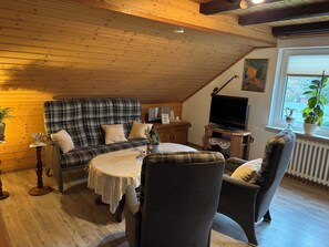 Fernseher, Bücher, Musikbibliothek, Stereoanlage