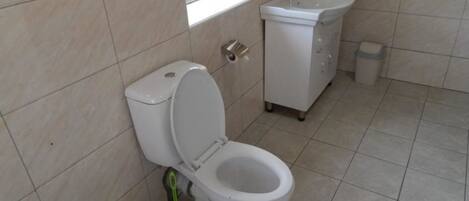 Un baño con inodoro, lavamanos y ventana.
