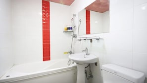 Hair dryer, towels, soap, shampoo
