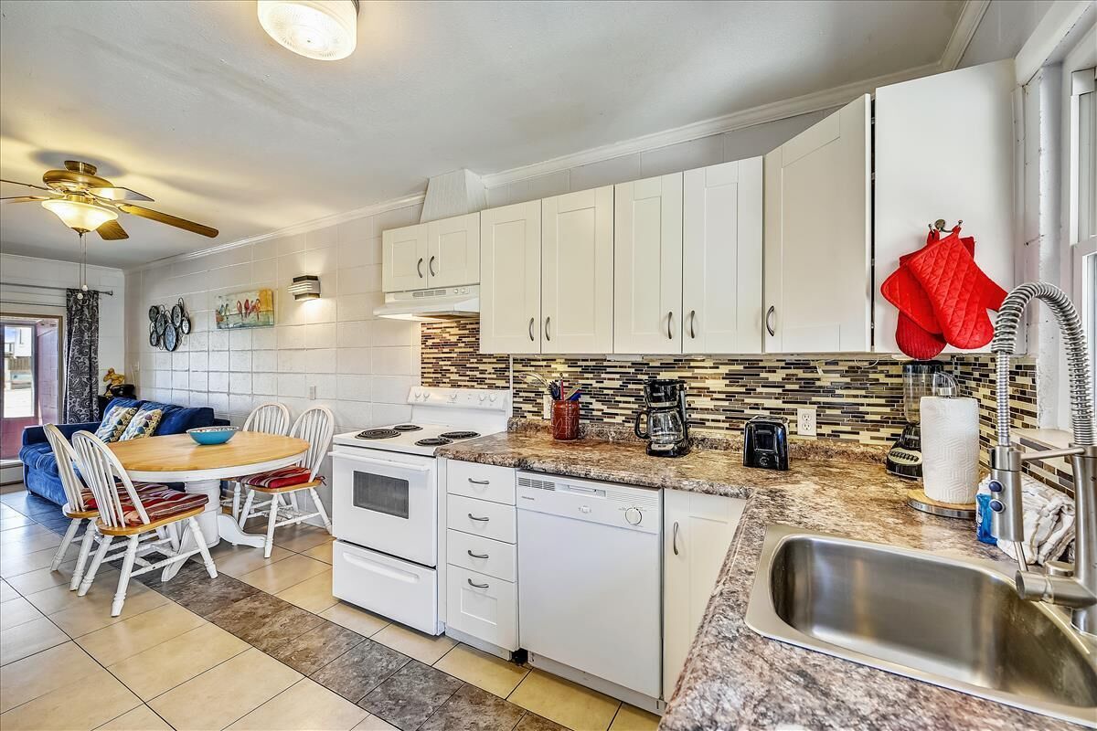 A modern kitchen with white cabinets, a granite countertop, a built-in dishwasher, and a stainless steel sink.