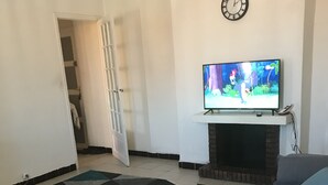 Una sala de estar con sofá, chimenea, televisor y alfombra estampada.