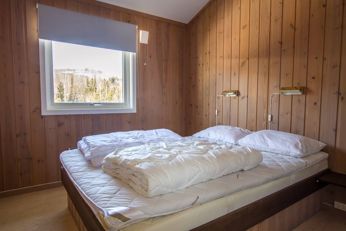 Une pièce avec un mur lambrissé en bois, un lit avec une literie blanche, une fenêtre donnant sur des arbres et une table de chevet avec une lampe.