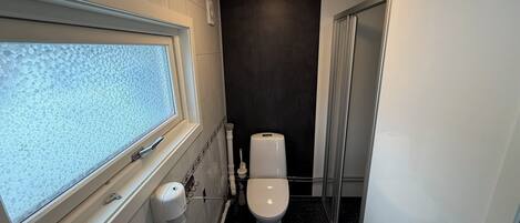 Un baño pequeño con inodoro, lavamanos y ventana con vidrio esmerilado.