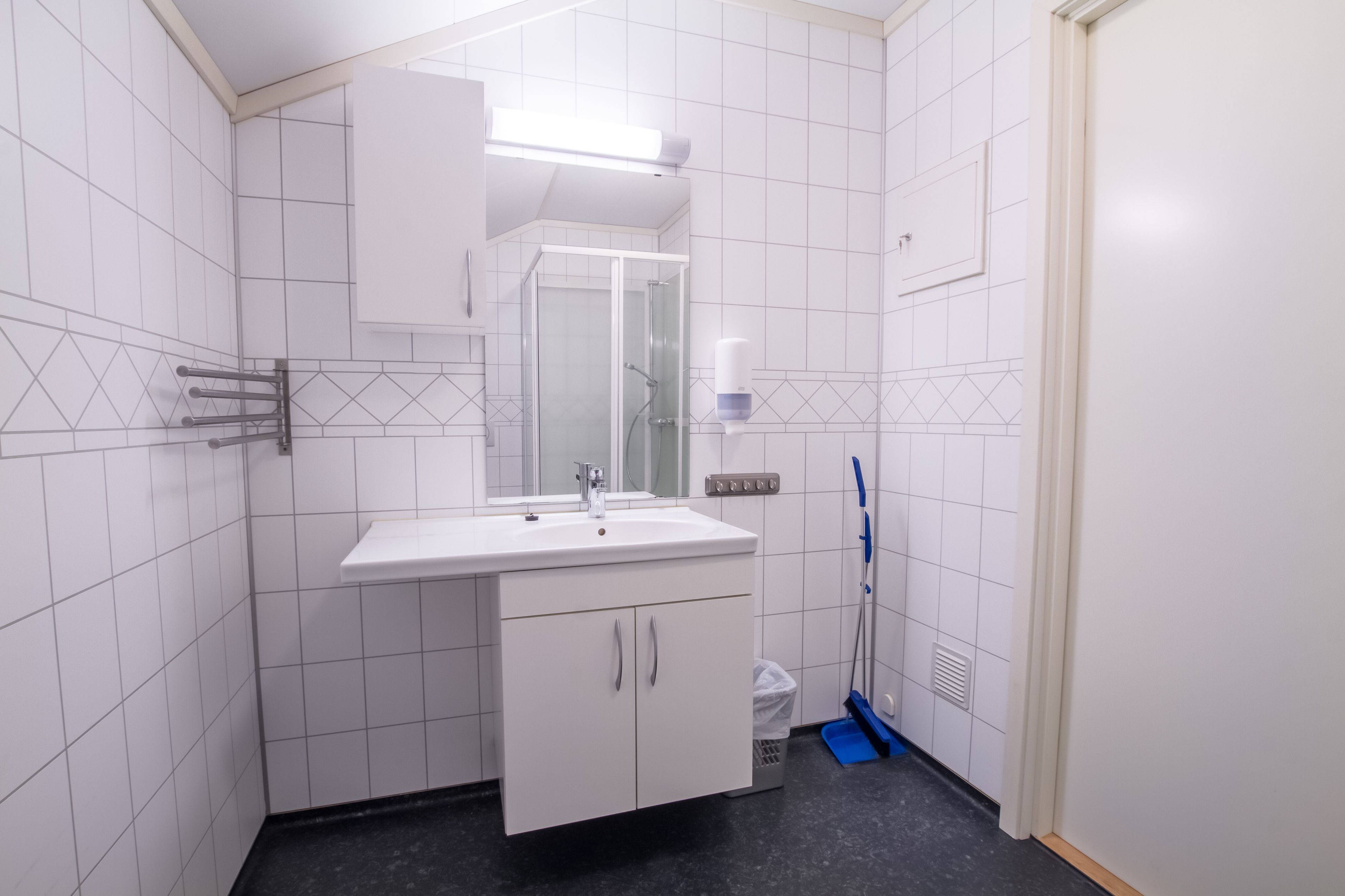 Une salle de bain avec un lavabo blanc, un miroir et des armoires. On y trouve un espace douche avec une porte en verre et une douchette à main. Un balai bleu et une poubelle sont visibles.