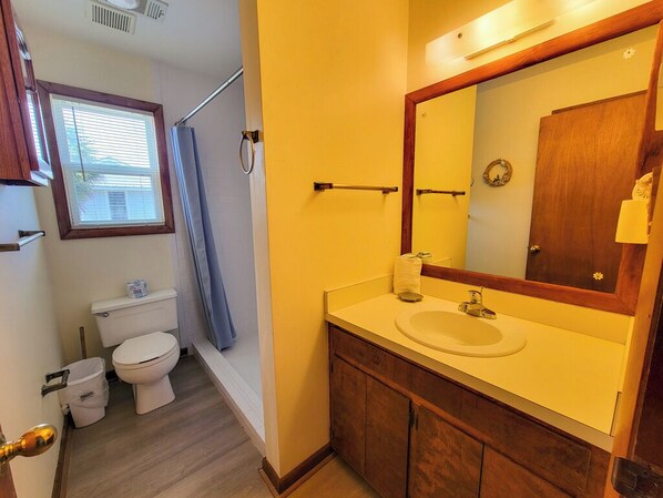 Een badkamer met een houten wastafel, een wastafel en een spiegel. Er is een toilet en een douchegordijn te zien.