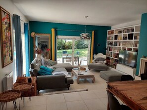 TV, fireplace, books