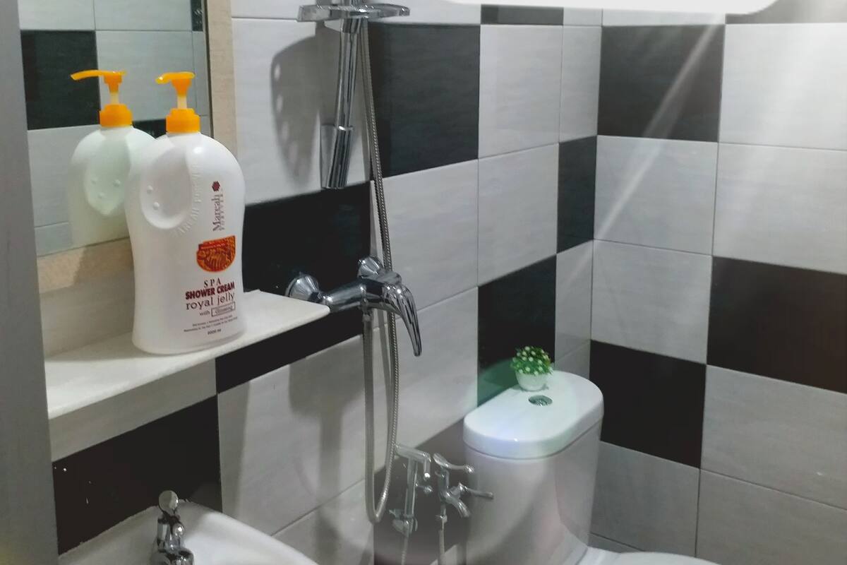 Une salle de bain avec une douche, des toilettes, un lavabo et deux bouteilles de gel douche posées sur une étagère.