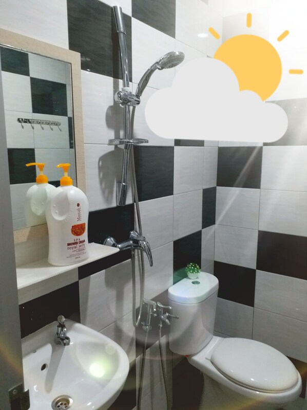 A bathroom with a shower, toilet, sink, and two bottles of shower cream on a shelf.