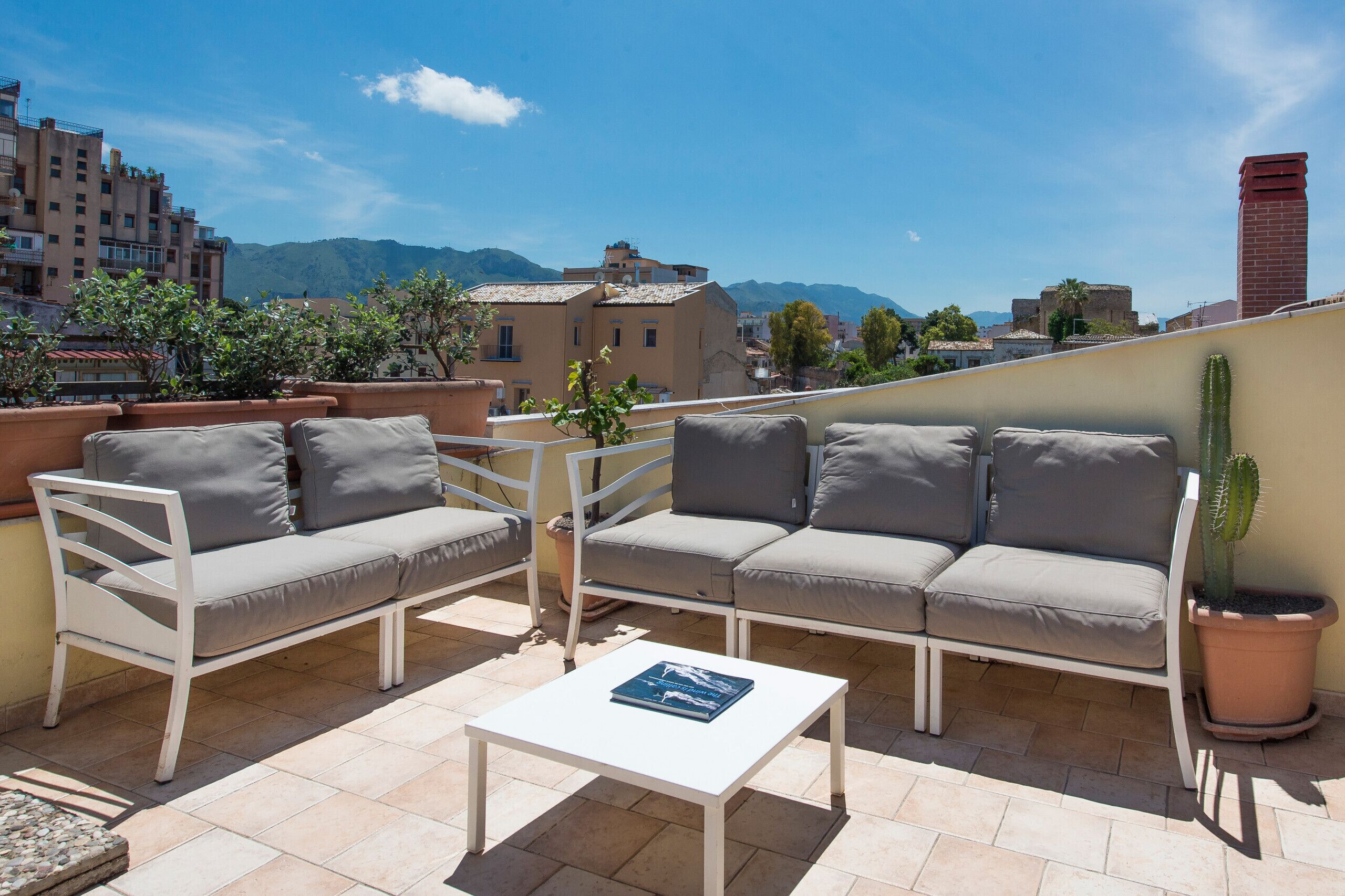 A rooftop terrace with two sofas, a small table, and potted plants.