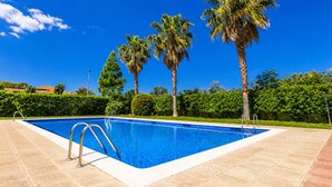 A swimming pool with a clear blue sky, surrounded by palm trees and hedges. - LOS RISCOS 2 (La Pineda)