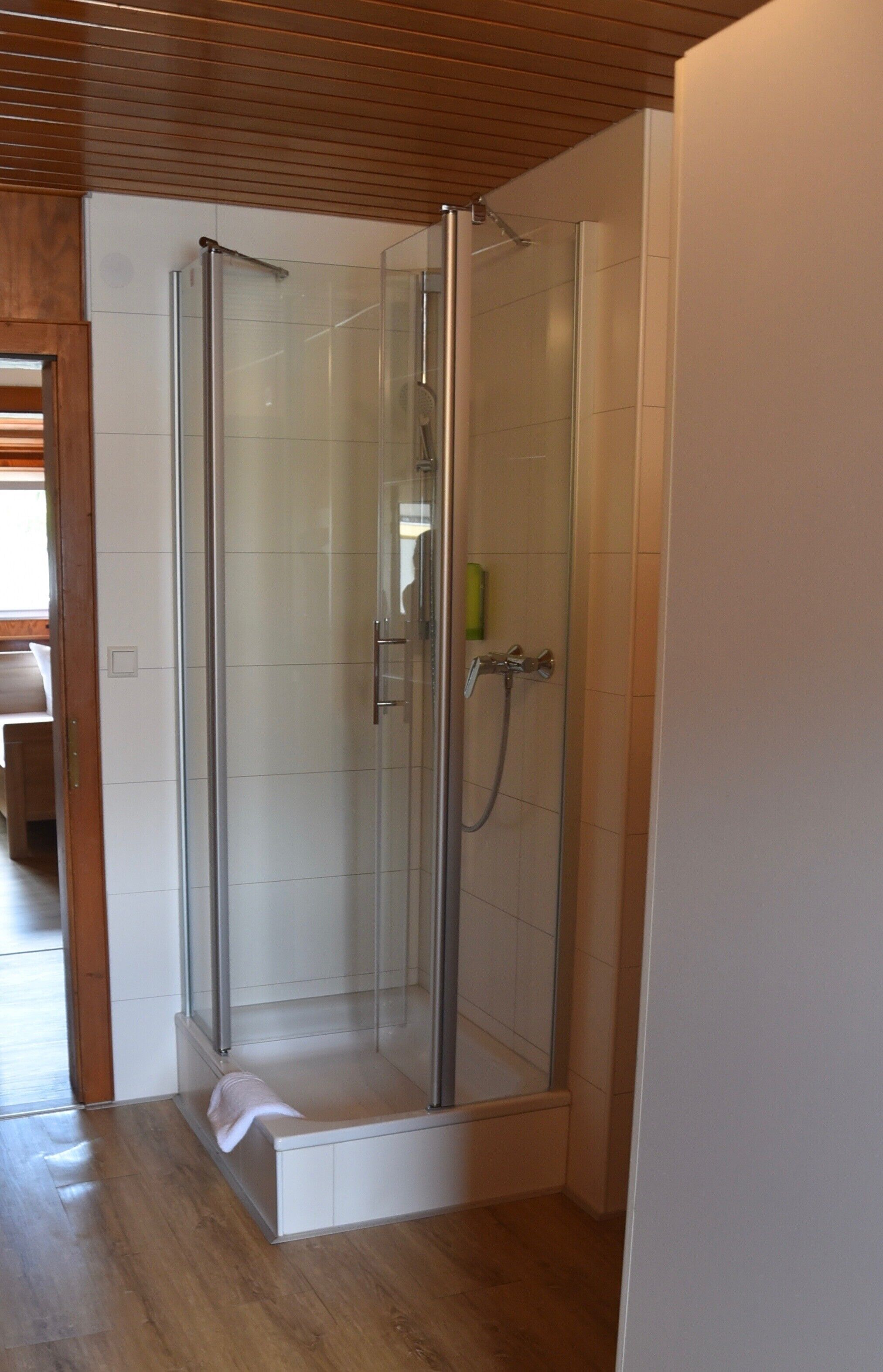 shower, hair dryer, towels, toilet paper