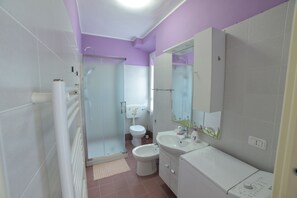 Shower, hair dryer, bidet, towels