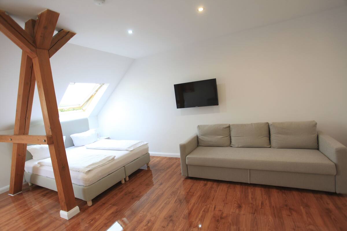 Una habitación con cama, sofá, televisión montada en la pared y una estructura de madera.