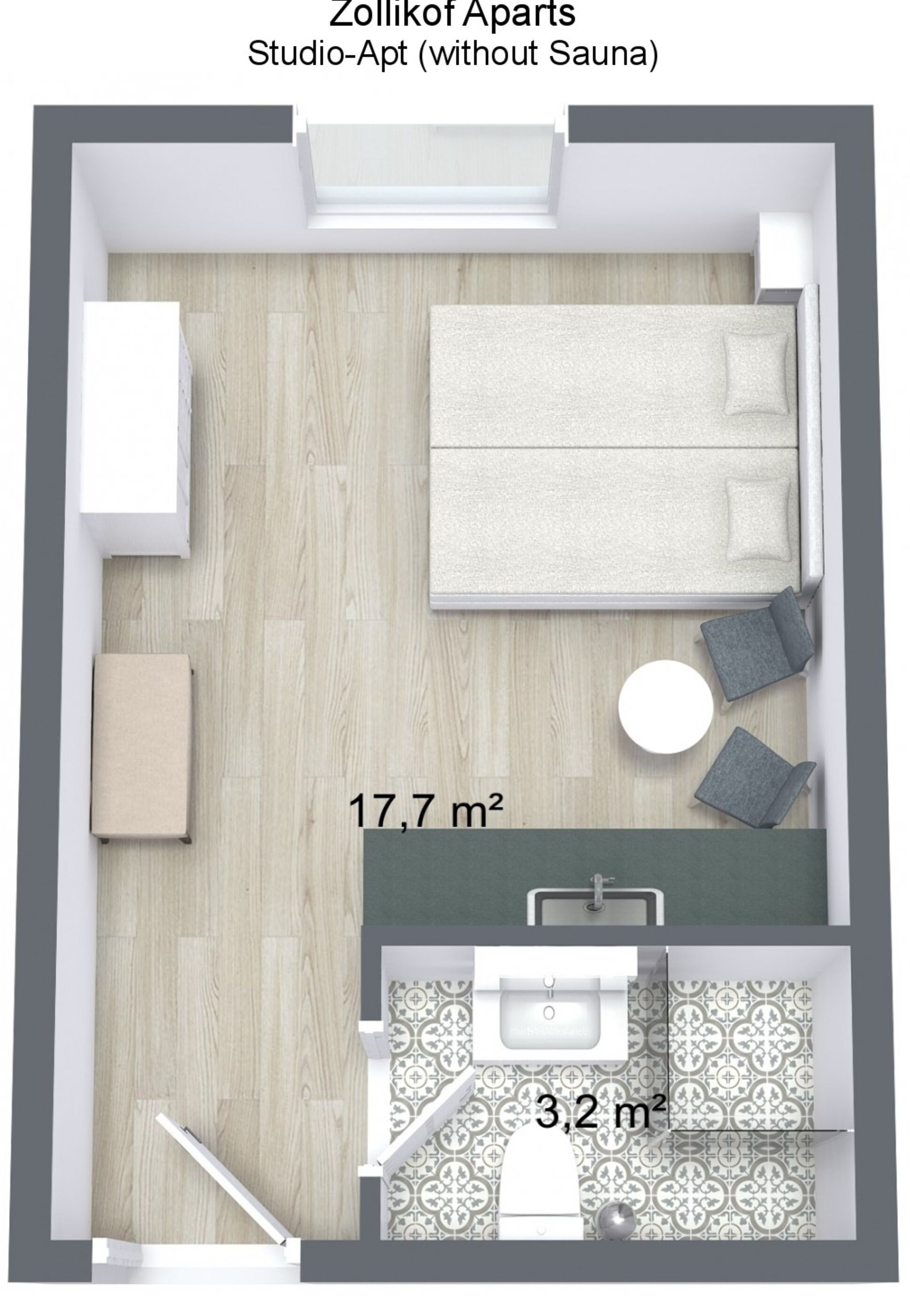 Grundriss einer Studio-Wohnung mit Bett, Sitzbereich und Badezimmer. Die Gesamtfläche beträgt 17,7 m², und das Badezimmer ist 3,2 m² groß.