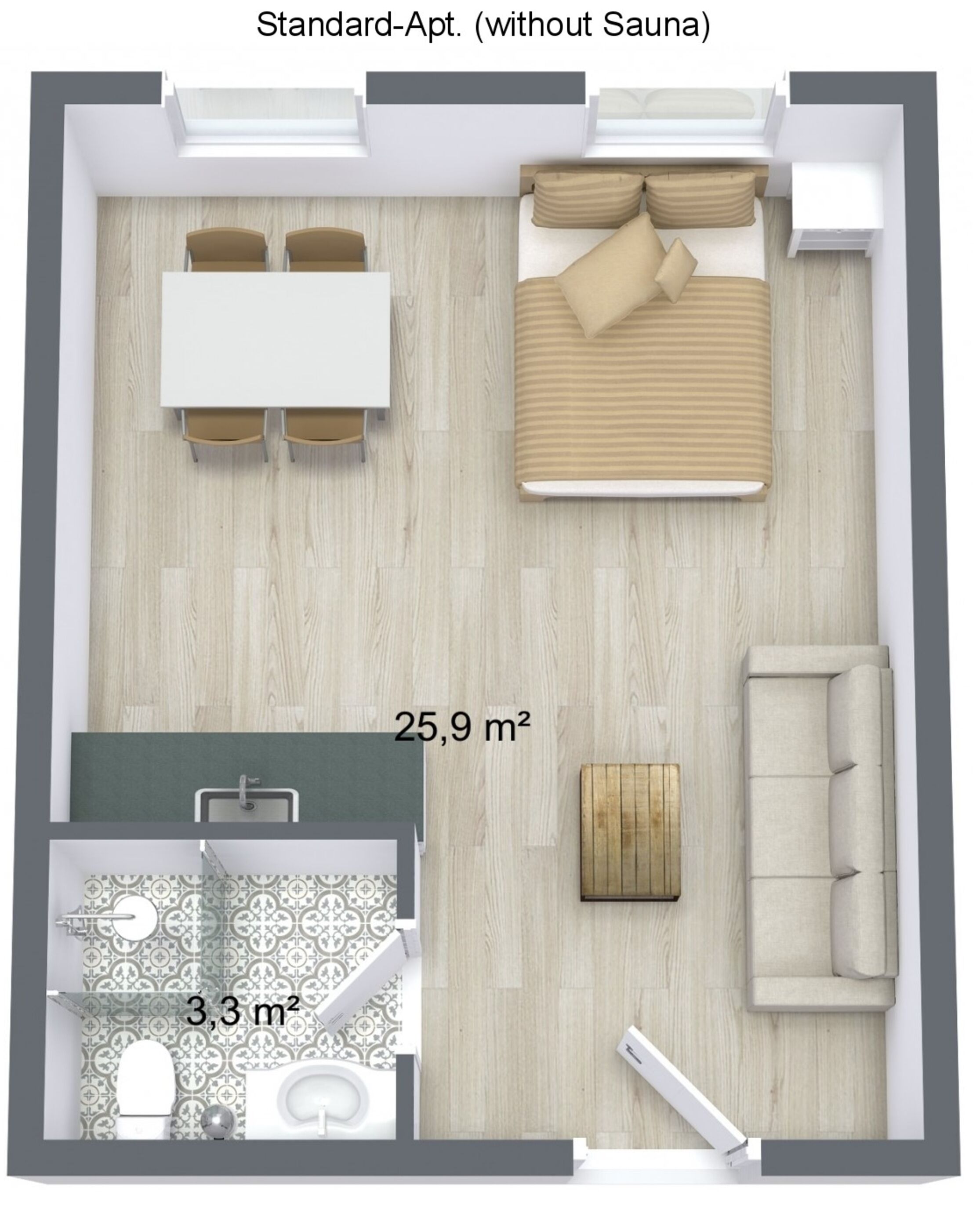 A standard apartment layout with a bedroom, living area, and bathroom. The total area is 25.9 m², and the bathroom area is 3.3 m².