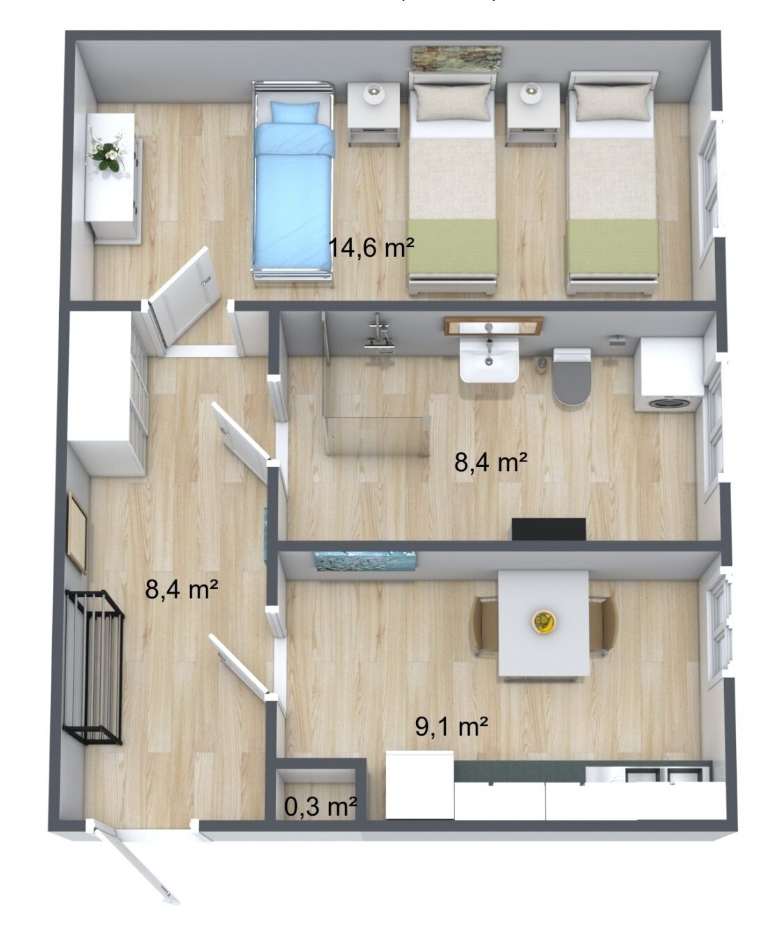 Pianta del pavimento di una camera d'albergo con camera da letto, bagno e angolo cottura. La camera dispone di due letti, un bagno piccolo e un angolo cottura. La superficie totale della stanza è di 14,6 m².
