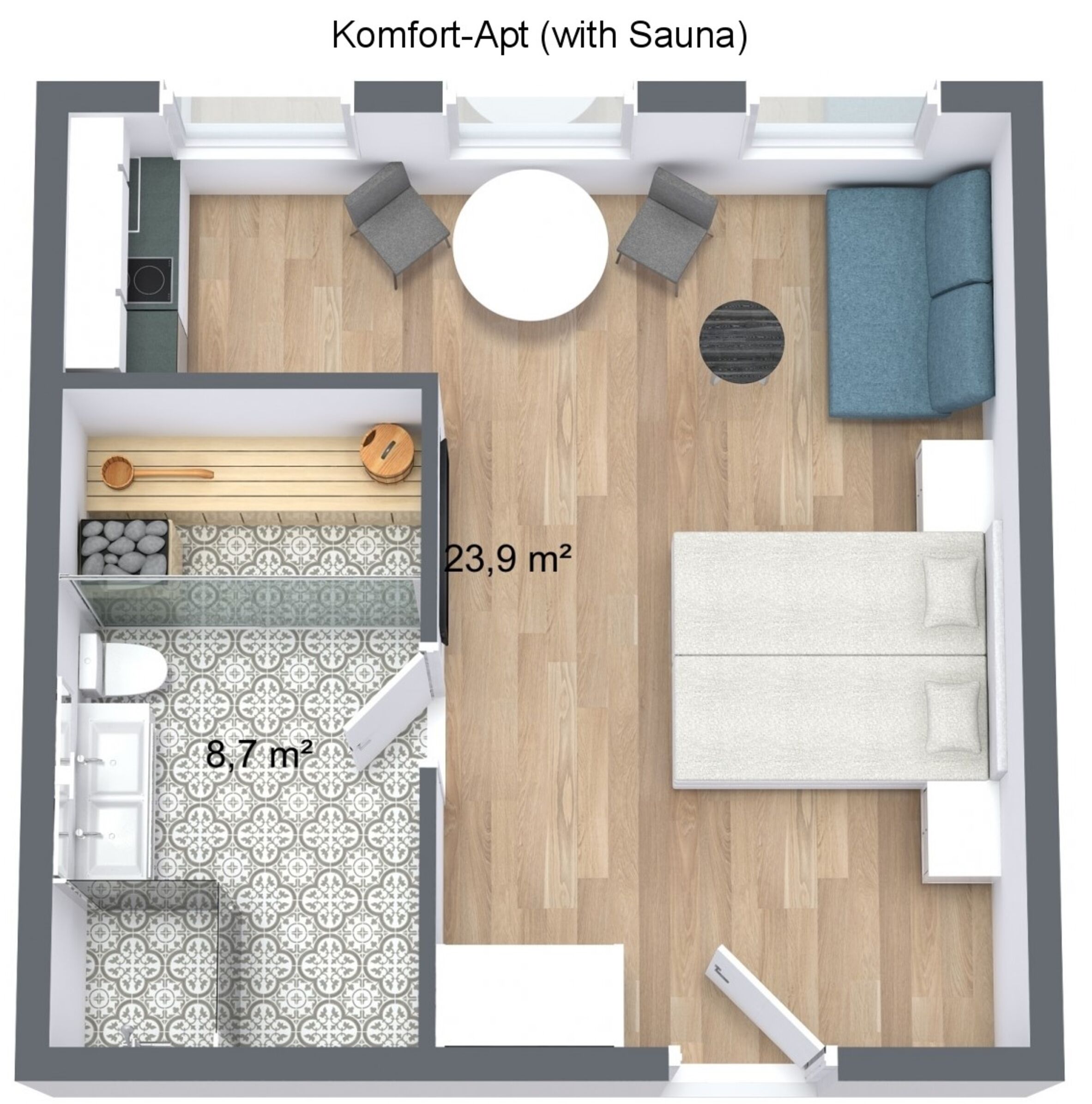 A 23.9 m² living room with a sofa, a small round table, and a blue armchair. There is a 8.7 m² bathroom with a toilet, sink, and patterned floor.