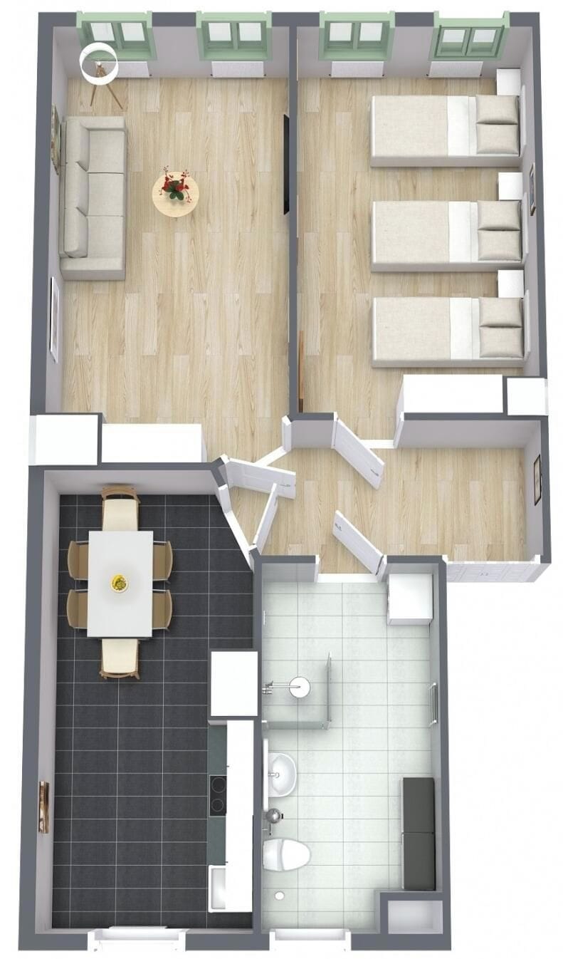 A floor plan of a hotel room with a living area, a dining area, a kitchen, and a bathroom.