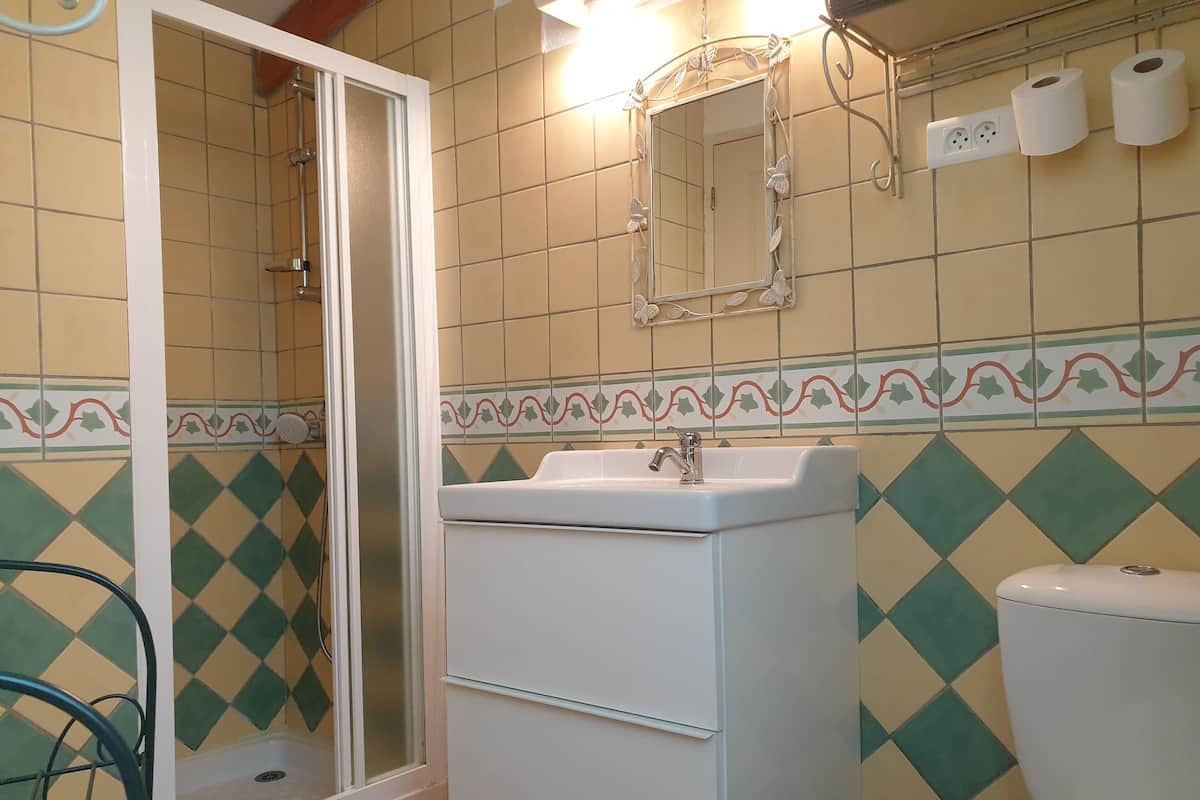 Une salle de bain avec douche, toilettes et lavabo.
