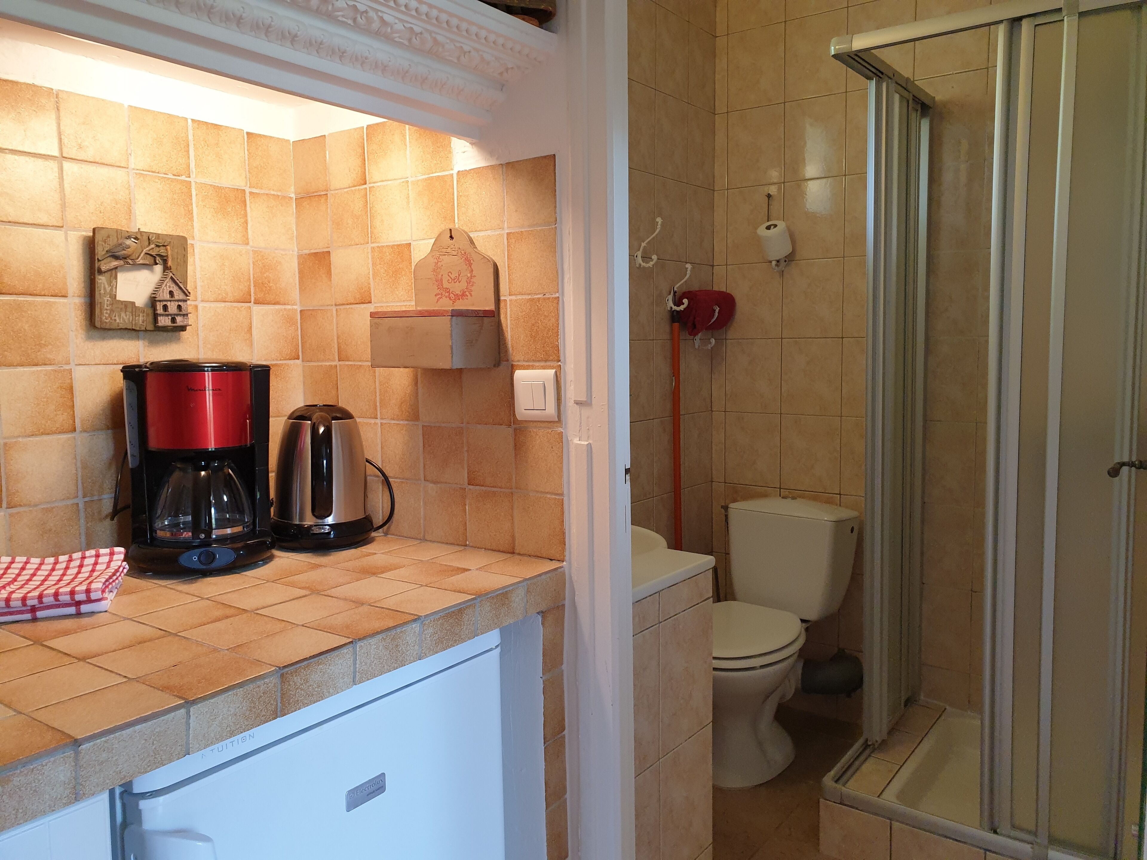 Un baño con inodoro, ducha y zona de lavamanos con cafetera y perchero para toallas.