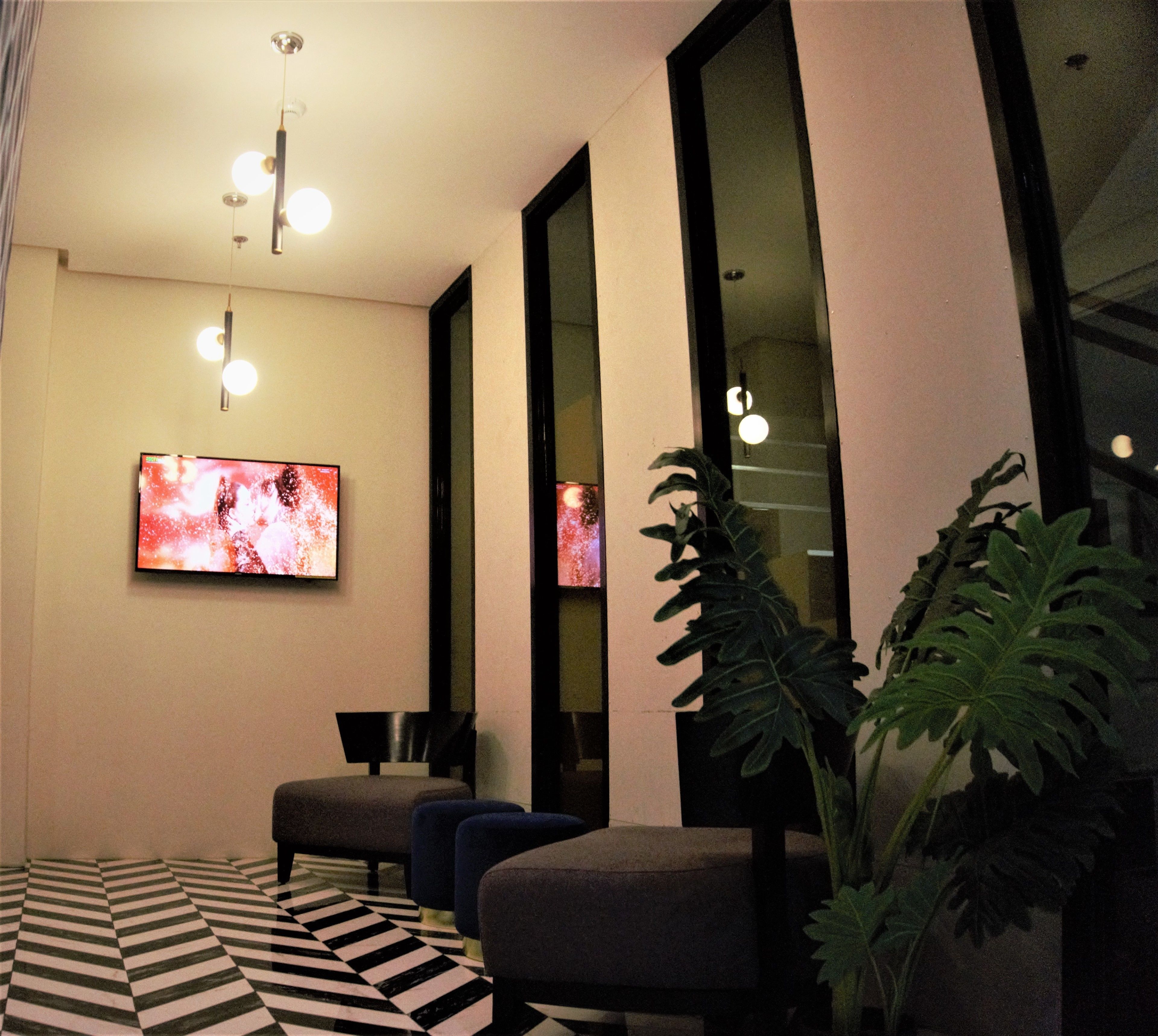 A modern living room with a large flat-screen TV, two chairs, a patterned rug, and a large plant.