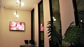 A modern living room with a large flat-screen TV, two chairs, a patterned rug, and a large plant. - Crevice Hotel (Davao)