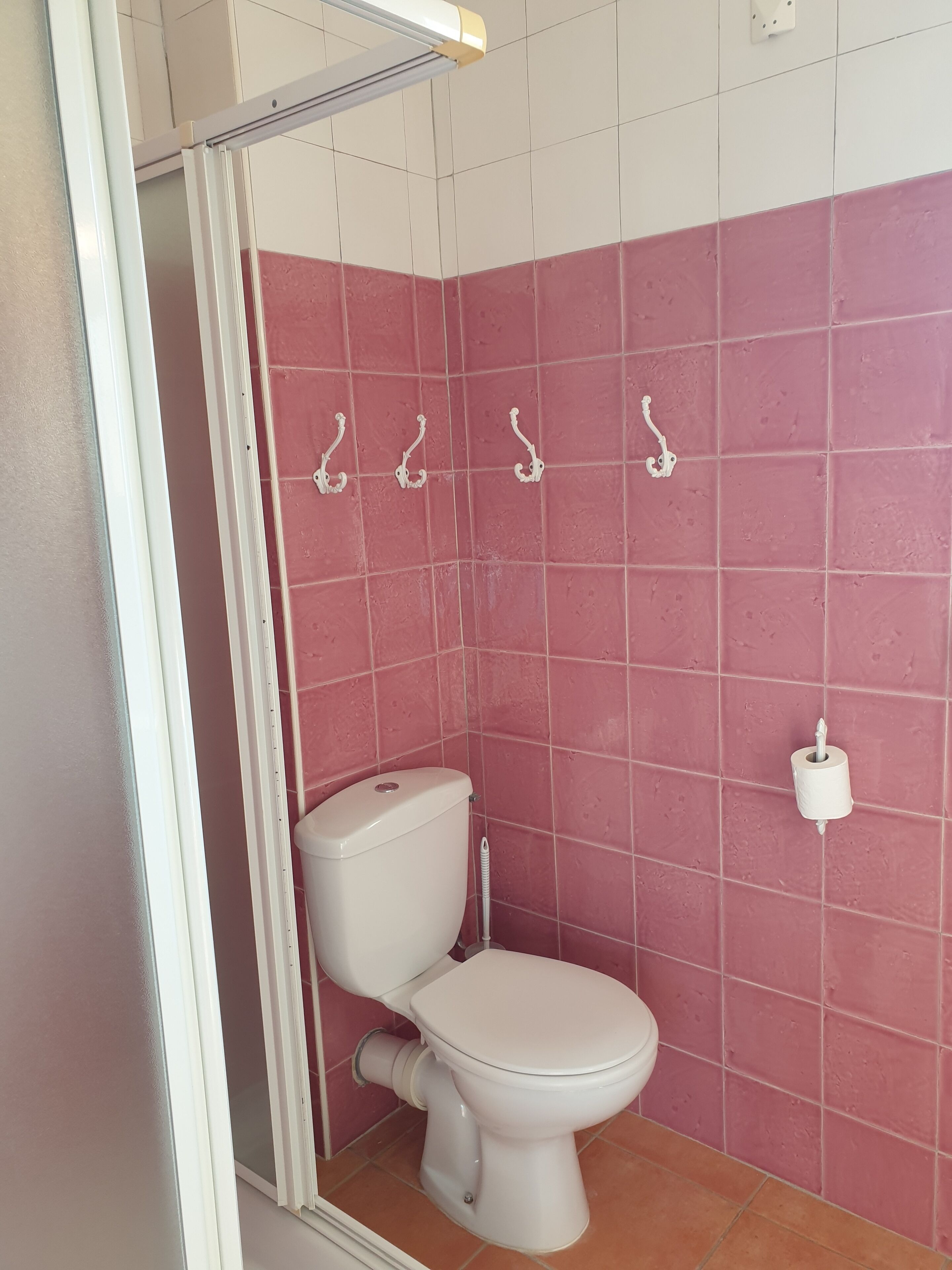 A bathroom with a toilet, pink tiled walls, and a white ceiling light fixture.