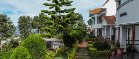 A well-maintained garden with a variety of plants and a stone pathway leading to a building with a sign that reads "PIPAL".