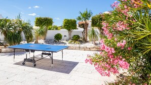 A ping pong table in an outdoor garden area with various plants and a white wall in the background.