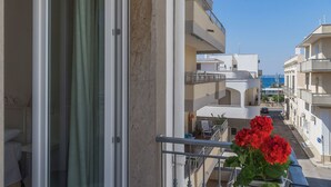 Un balcón con vista a una calle costera, barandilla y una maceta con flores rojas.