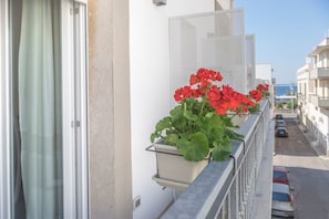 Un balcón con flores rojas, una ventana con cortinas y vista a una calle con coches aparcados.