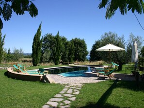 Seasonal outdoor pool, pool umbrellas, sun loungers