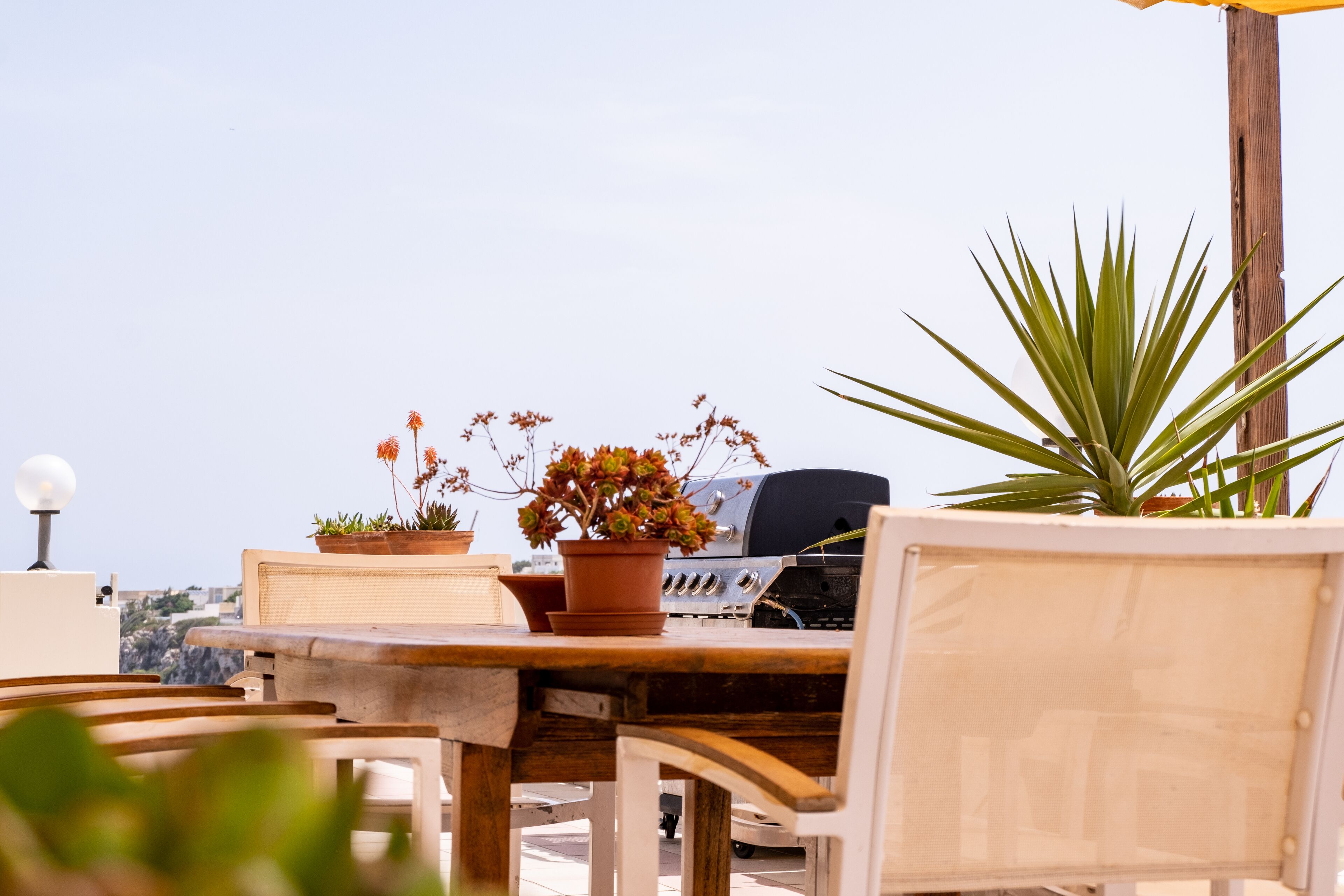 An outdoor patio with a wooden table, chairs, a grill, and potted plants.