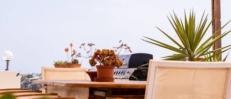 An outdoor patio with a wooden table, chairs, a grill, and potted plants.