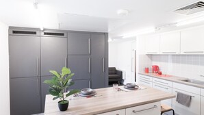A modern kitchen with grey cabinets, a wooden countertop, and a potted plant. - Axo Paradise village (Coventry)