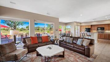 TV, fireplace, books, stereo