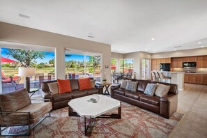 TV, fireplace, books, stereo