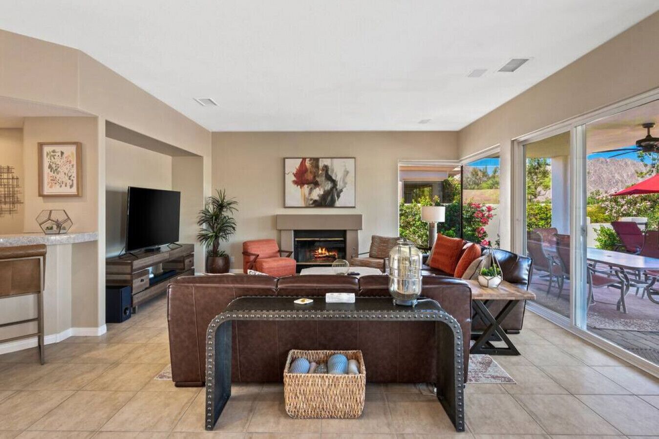 Télévision, cheminée, livres, chaîne hi-fi