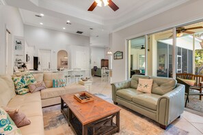 Smart TV, fireplace, table football, books