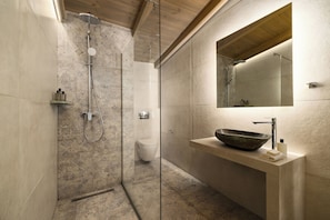 A modern bathroom with a glass-enclosed shower, a large mirror, and a vessel sink.