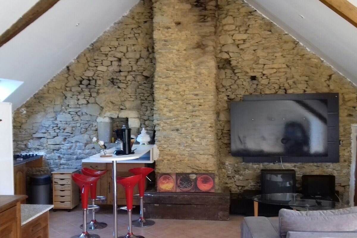 Un acogedor dormitorio en el ático con pared de piedra, una mesa de comedor con sillas rojas, un televisor montado en la pared y un armario de madera.