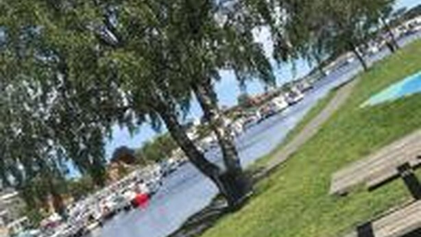 A waterfront park with a paved walkway, benches, and a grassy area.