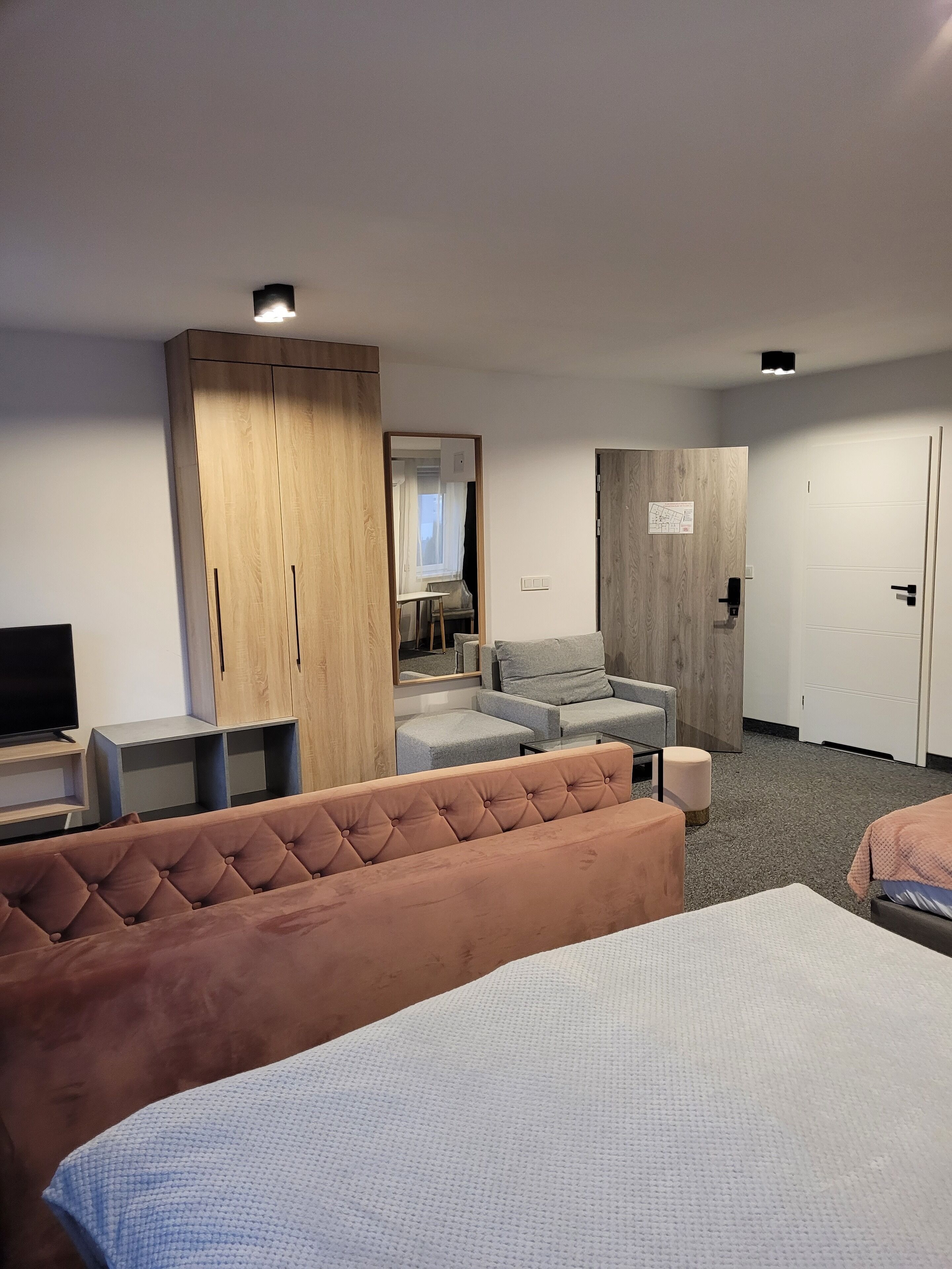 A hotel room with a bed, a sofa, a TV, a wardrobe, and a desk.